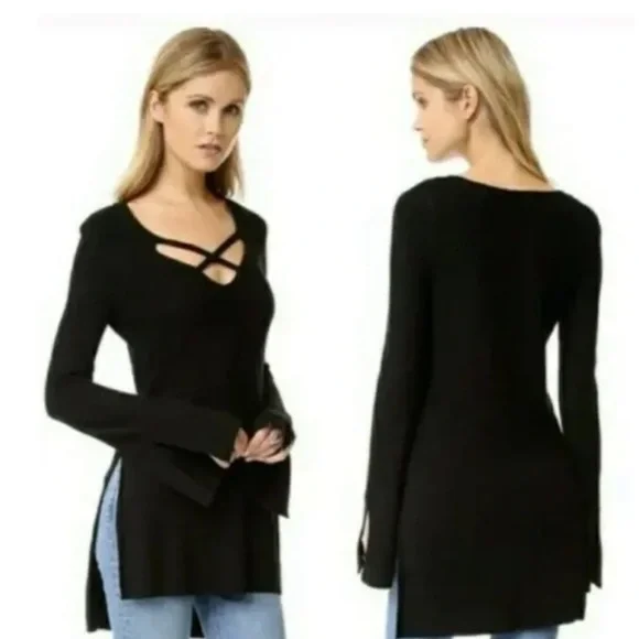 Free People Sz S Criss Cross  Neck Tunic Sweater Black Rayon Acrylic Pullover - Picture 2 of 7